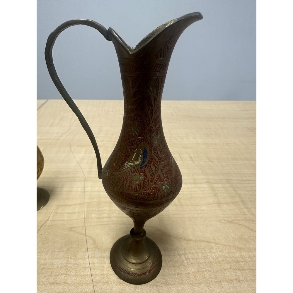 Antique Brass Miniature Ewer Pitcher Pair India Enamel Art Jug Vase Decor - Picture 3 of 5